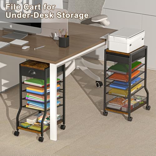 6-Tier Rolling File Cart with Drawer, Under Desk Storage with Paper Letter Sliding Trays, Standing File Organizer with Wheels, Slim Workspace Organizers for Office/Home/School/Study - Image 5