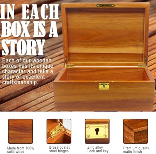 Wooden Box Decorative Large Acacia Wooden Storage Box with Hinged Lid and Locking Key Premium Keepsake Stash Box Lockable Chest for Keepsakes, Valuables, Accessories, Treasured Items(Lock No Grid) - Image 4