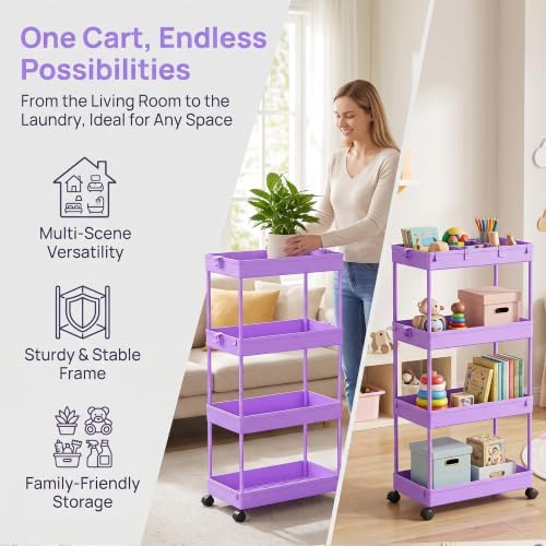 4 Tier Rolling Cart with Wheels, Storage Craft Art Trolley Organizer Serving, 3 Hanging Baskets Easy Assembly, for Office, Living Room, Kitchen - Image 6