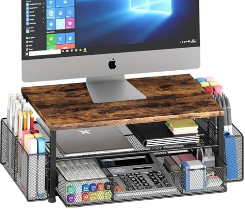 Desk Organizer and Accessories, 2-Tier Computer Monitor Stand Riser with Drawer and 2 Pen Holders, Laptop Stand, Office Desk Accessories for Office Supplies, Brown by OPNICE