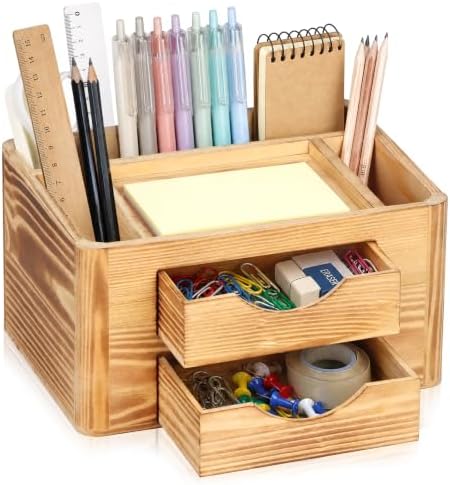 Multifunctional Desk Organizer with 2 Removable Drawers Pine Wood by SKLENICE
