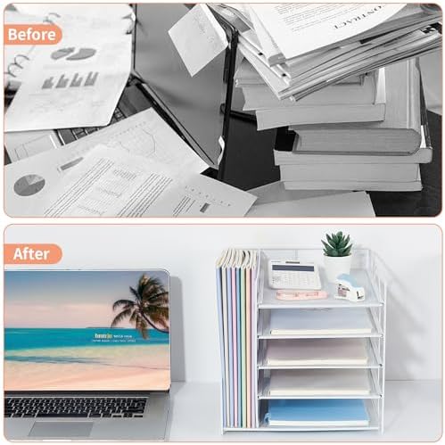 Desk Organizers and Accessories, 5-Tier Paper Letter Tray Organizer with File Holder, Desktop Organizer for Office Supplies (White) - Image 2