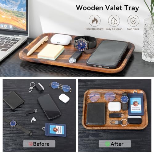 2PCS Serving Wood Valet Tray for Men Women, Catch All Acacia Mens Key Dump Bedside Nightstand Organizer EDC Decorative Wooden Tray for Phone Watch Wallet Keys - Image 5