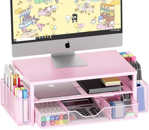Desk Organizer and Accessories, 2-Tier Computer Monitor Stand Riser with Drawer and 2 Pen Holders, Laptop Stand, Office Desk Accessories for Office Supplies, Pink by OPNICE