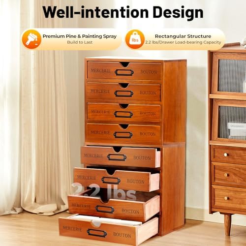 Drawer Wooden Drawers Organizer, 16-Drawer Vintage Wood Desktop Organizer with Label Holders and Handles Stackable Desktop Storage Box for Living Rooms Bedrooms Offices (19.6" x 6.89" 19.6") - Image 4