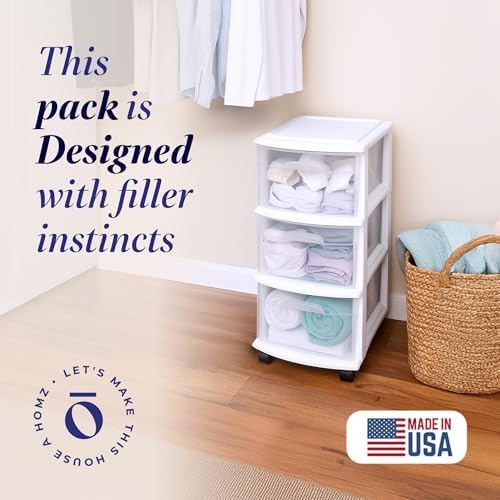 HOMZ Drawer Tower, 3-Tier Storage Cart with Removable Wheels, White Frame - Image 3