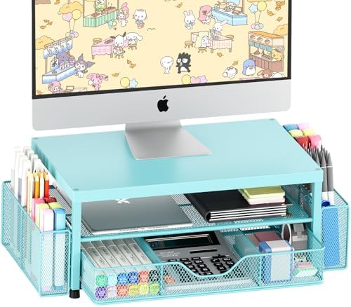 Desk Organizer and Accessories, 2-Tier Computer Monitor Stand Riser with Drawer and 2 Pen Holders, Laptop Stand, Office Desk Accessories for Office Supplies, Teal Blue by OPNICE