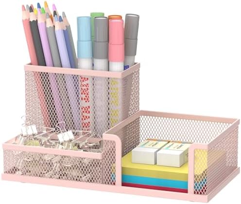 Mesh Pen Holder Desk Organizer, Office Supplies Pencil Storage with 3 Compartments, Office Desk Accessories and Workspace Organizers for Home School Classroom, Pink by SUPEASY