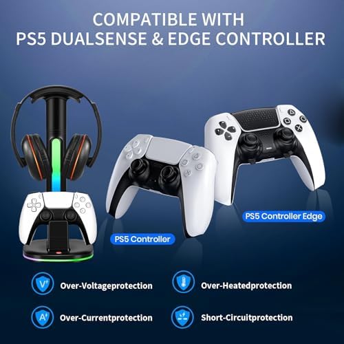 PS5 Controller Charging Dock with RGB Headphone Stand | 2-in-1 Dual USB Fast Charging Station for PS5 Controllers | RGB LED Gaming Headset Stand & Multi-Functional Gaming Accessories - Image 2