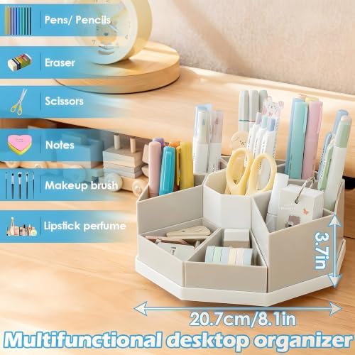 360 Degree Rotating Desk Organizer Caddy with 9 Compartments, Large Capacity Detachable Pencil Holder for Desk, Desktop Storage for Office, School, Home, Dressing Table (Greige with White Base) - Image 3