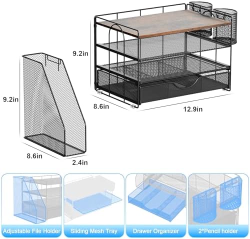 gianotter Desk Organizers and Accessories with File Holder, 4-Tier Desk Accessories & Workspace Organizers with Drawer and 2 Pen Holder, Paper Organizer for Office Supplies (Wood) - Image 5