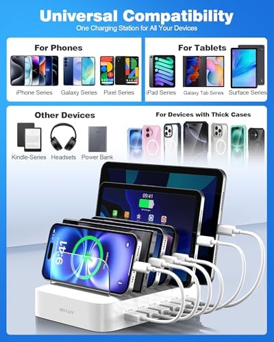 MSTJRY Charging Station for Multiple Devices : 6 Port USB Charger Stations - Family Multi-Device Organizer Charging Dock - Designed for iPhone iPad Android Cell Phone Tablet and Electronic, White - Image 6