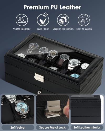 Mens Watch Box Jewelry Organizer,12-Slot 2-Layer Case -All Black - Image 4