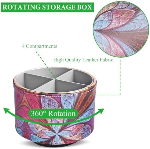 Round Leather Art Supply Organizer,Remote Control Holder,360 Degree Spinning,Multi-Functional Pencil Holder,4 Compartments Desktop Stationary Organizer(1-Fractal Flower2) - Image 3