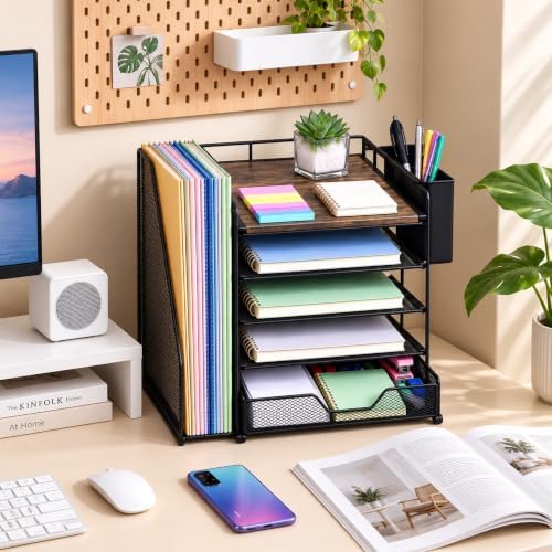 5-Tier Desk File Organizer with Drawer & Pen Holder (Wood) - Image 4