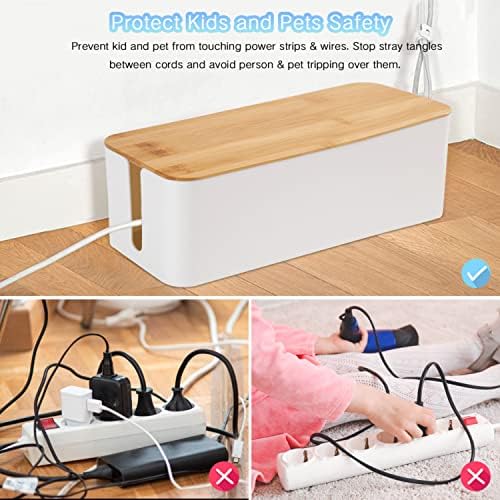 Cable Management Box Organizer, Set of 3 Bamboo Lid Storage Wires Holder to Cover Hide Surge Protector, Power Strips & Cords- with 5 Cables Fastening Tapes for Home, Office, Desk, PC, TV, USB Hub - Image 2