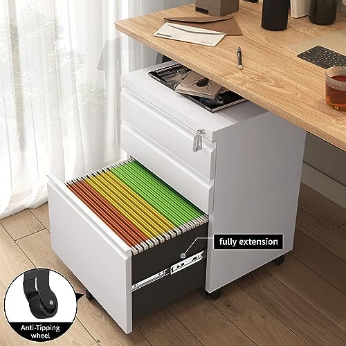 Mobile File Cabinet for Home Office, Lockable 3 Drawer Filing Cabinet with Wheels for A4-Size/Letter-Size/Legal-Size, Fully Assembled Except Casters, White - Image 6