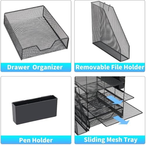 5-Tier Desk File Organizer with Drawer & Pen Holder (Wood) - Image 3