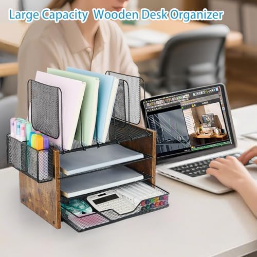 Desk Organizer, 4-Tier Desktop File Organizer with Drawer and Pen Holders, Office Desk Accessories, File Sorters, Workspace Organizers for Office Supplies(Brown) - Image 4