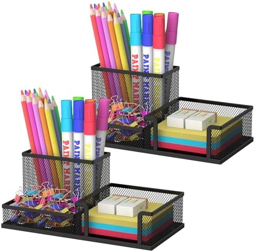 Pen Holder Desk Organizer, 2Pack Office Supplies Pencil Holder with 3 Compartments, Desk Accessories and Workspace Organizers for Home School Classroom, Black by SUPEASY