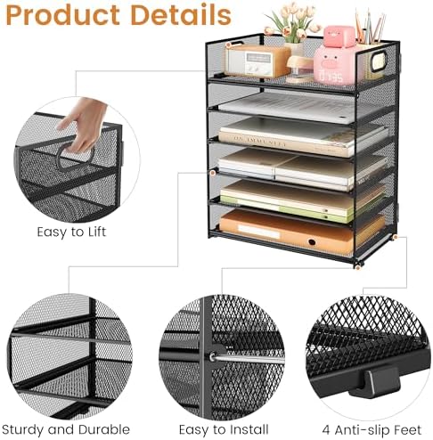 6 Tier Paper Organizer with Handle,Construction Teacher Desk Decor,Black - Image 5