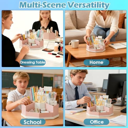360 Degree Rotating Desk Organizer Caddy with 9 Compartments, Large Capacity Detachable Pencil Holder for Desk, Desktop Storage for Office, School, Home, Dressing Table (Blush Pink with White Base) - Image 5