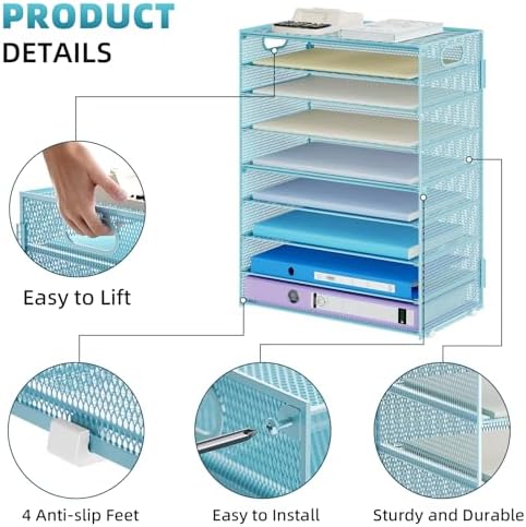 Marbrasse Paper Organizer Letter Tray, 9 Tier Mesh File Organizer with Handle, Paper Sorter Desk Organizer for Home Office Supplies - Blue - Image 3