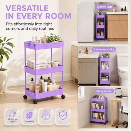 Slim Storage Cart 3 Tier,Bathroom Organizer Rolling Utility,Mobile Shelving Unit Slide Out for Office, Kitchen, Laundry Room & Narrow Places,Purple - Image 3