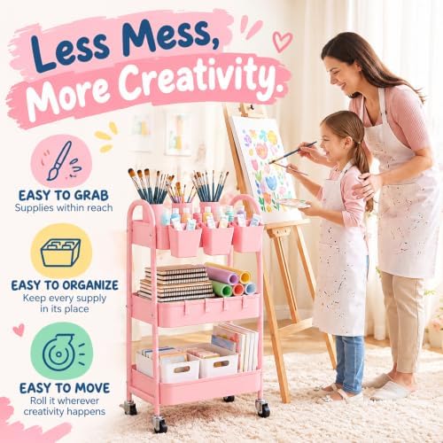 3 Tier Metal Rolling Cart with Lockable Wheels, Three Tiered Storage Carts - Image 4