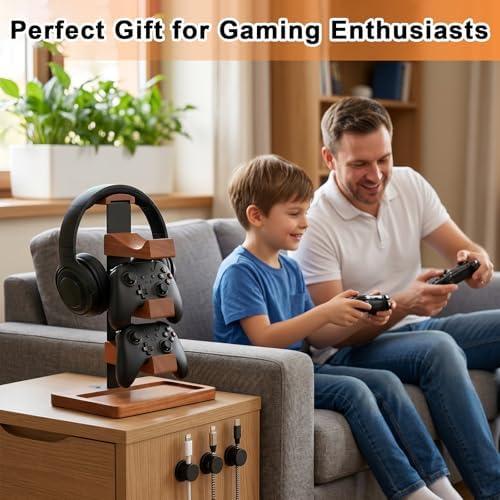 Headset Stand with Dual Controller Holder, Solid Wood - Image 5