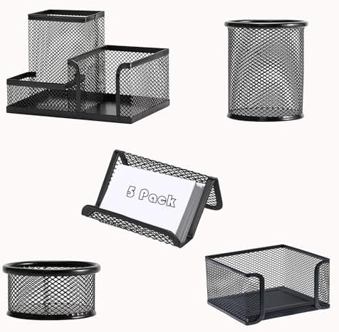 Moonlik Desk Organizers and Accessories Set, Mesh Pen Holder,Office School Home Desktop Supplies for Clip Phone Sticky Notes,Mail, Caddy Storage Baskets(Black,5 Piece Set) by Moonlik