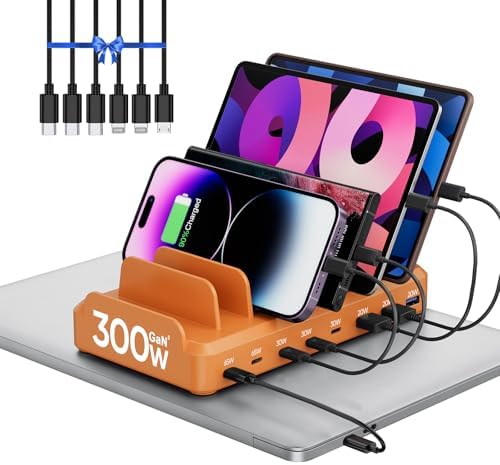 300W Charging Station for Multiple Devices, 8 Port Multi USB C Fast Charger Station Dock for MacBook iPhone 16/15/14/13/12 Samsung Pixel Series iPad, Orange (6 Mixed Short Cables Included) by LcssioChargeFaster