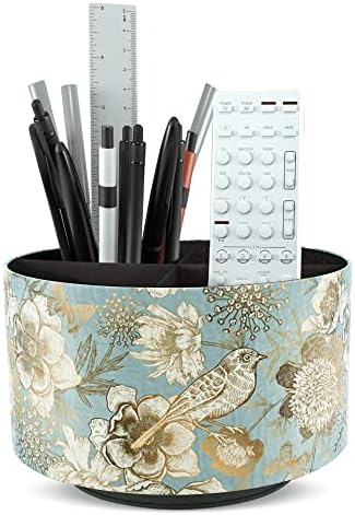 Round Leather Art Supply Organizer,Remote Control Holder,360 Degree Rotating,Multi-Functional Pencil Holder,4 Compartments Desktop Stationary Organizer(1-Blue Bird) by Hennaja