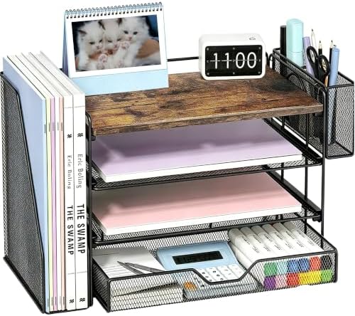 Desk Organizers and Accessories, 4-Tier Desktop File Organizer with Drawer and Pen Holders, Office Desk Accessories Workspace Organizers for Office Supplies (Brown) by OPNICE