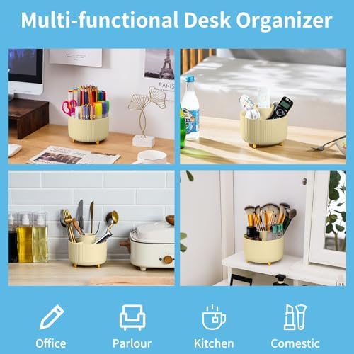 Marbrasse Desk Organizer, 360-Degree Rotating Pen Holder, Desk Organizers and Accessories with 5 Compartments Pencil Holder, Art Supply Storage Box Caddy for Office, Home (Yellow) - Image 2