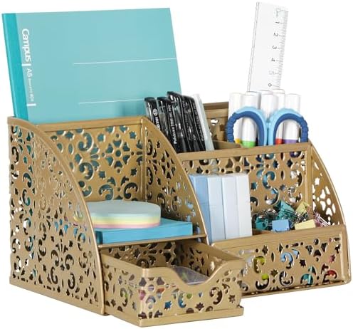 EasyPAG Desk Organizer and Pen Holder for Desk, Mesh Office Supplies Storage Caddy with Drawer for Small Space, Desktop Organizer for Home Office, Gold by EasyPAG