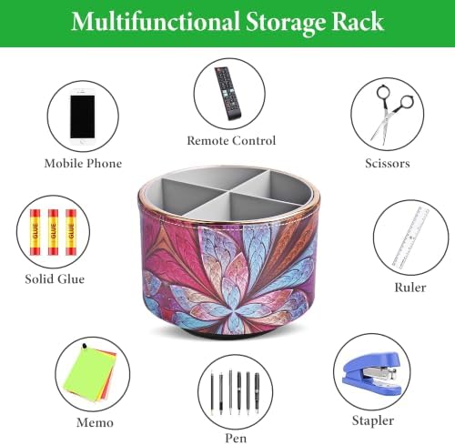 Round Leather Art Supply Organizer,Remote Control Holder,360 Degree Spinning,Multi-Functional Pencil Holder,4 Compartments Desktop Stationary Organizer(1-Fractal Flower2) - Image 5