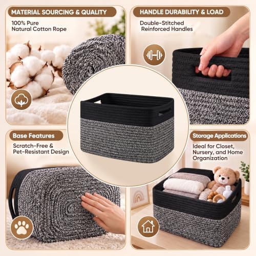 4 Pack Storage Baskets for Organizing, Woven Baskets for Shelves - Perfect for Toys, Books, Towels, and Clothes, Durable Gift Basket Bins Toy Storage, 13''Lx9''Wx7.8''H, Dark Grey and Black - Image 3