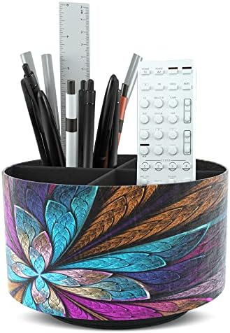 Round Leather Art Supply Organizer,Remote Control Holder,360 Degree Rotating,Multi-Functional Pencil Holder,4 Compartments Desktop Stationary Organizer(1-Fractal Flower) by Hennaja