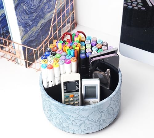 Remote Control Holder, 360°Spinning PU Leather Desk TV Remote Caddy,Desk Storage Box Room Accessories for Controller, Media,Mail,Calculator, Mobile Phone,Pencil(1-Carved Blue) - Image 6