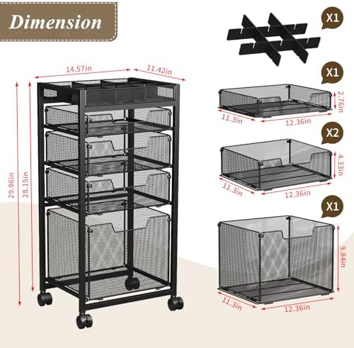 Rolling File Cart with 4 Storage Drawers, Under Desk Organizer with DIY Divider, Moblie Filing Cabinet on Wheels, Fits A4/Letter Size, Metal Utility Cart for Home Office, Black - Image 7