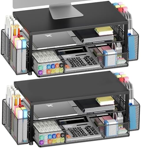 Desk Organizer and Accessories, 2-Tier Computer Monitor Stand Riser with Drawer and 2 Pen Holders, Laptop Stand, Office Desk Accessories for Office Supplies, Black 2-Pack by OPNICE
