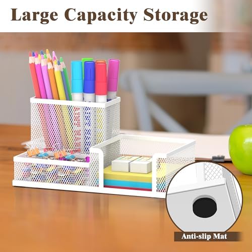 Pen Holder Desk Organizer, Office Supplies Pencil Holder with 3 Compartments, Desk Accessories and Workspace Organizers for Home School Classroom, White - Image 2