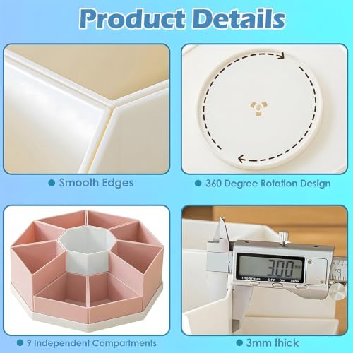 360 Degree Rotating Desk Organizer Caddy with 9 Compartments, Large Capacity Detachable Pencil Holder for Desk, Desktop Storage for Office, School, Home, Dressing Table (Blush Pink with White Base) - Image 6