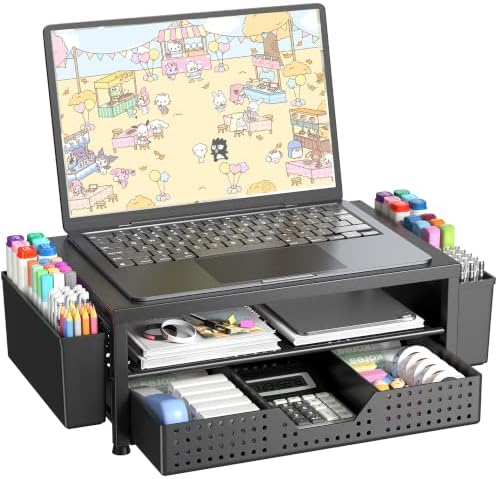 Desk Organizer and Accessories, 2-Tier Computer Monitor Stand Riser with Drawer and 2 Pen Holders, Laptop Stand, Office Desk Accessories for Office Supplies, Light Black by OPNICE