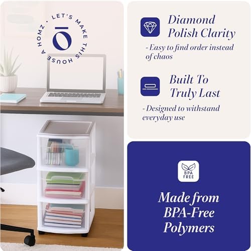 HOMZ Drawer Tower 3-Tier Storage Cart, Removable Wheels, White Frame,2 Pack - Image 5