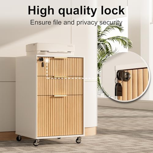 3 Drawers Fluted Mobile File Cabinet with Lock, Rolling File Cabinet Printer Stand Table, Under Desk Wooden Filing Cabinets for Home Office Essentials Storage Organization Furniture Letters/A4(Oak) - Image 6
