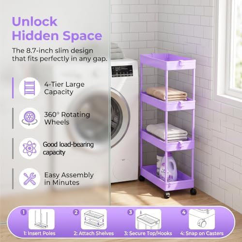 4 Tier Rolling Cart with Wheels, Storage Craft Art Trolley Organizer Serving, 3 Hanging Baskets Easy Assembly, for Office, Living Room, Kitchen - Image 2