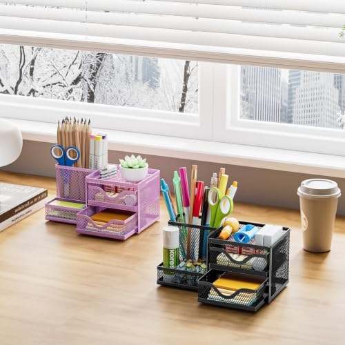 Marbrasse Mesh Pen Holder with 2 Drawers, Multi-Functional Pencil Organizer for Desk, Desk Organizers and Accessories with 3 Compartments + 2 Drawers for Office Art Supplies (Black) - Image 6