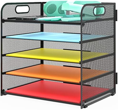 Letter Tray Paper Organizer 5-Tier Desk Organizer File Organizer Paper Holder with Handle, Metal Desktop Document Shelf Tray Office Classroom Organization - Black by Sinboun